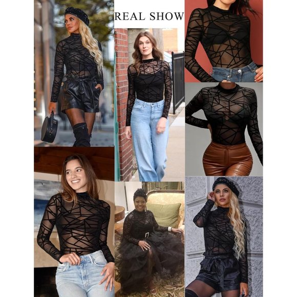 Women Turtleneck Sheer Mesh Bodysuit Geo Print Leotards Long Sleeve - Picture 4 of 7
